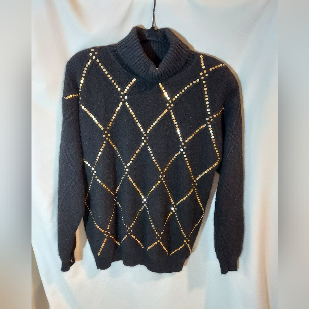 Vintage CHRISTINA Angora & Lambswool Knit Sweater With Gold Sequins - Size M